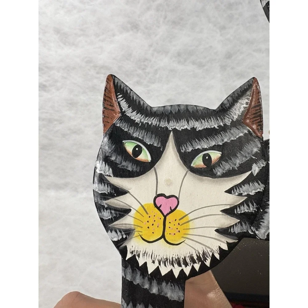 Hand Painted Wood Cat Mirror Black Tabby Wall Decor Folk Art Indonesia 12